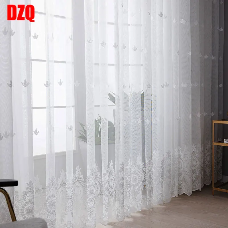 

Embroidered Floral White Tulle Window Screen Curtain for Living Room Bedroom Luxury Sheer Voile Curtain Blind Drapes Door Decor