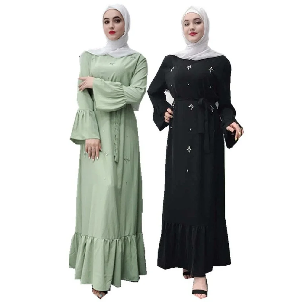 New Hand Made Diamond Beading Muslim Peignoir Robes Dubai Fashion Female Full Length Ruffles Abaya Dress with Belt 2021 | Тематическая