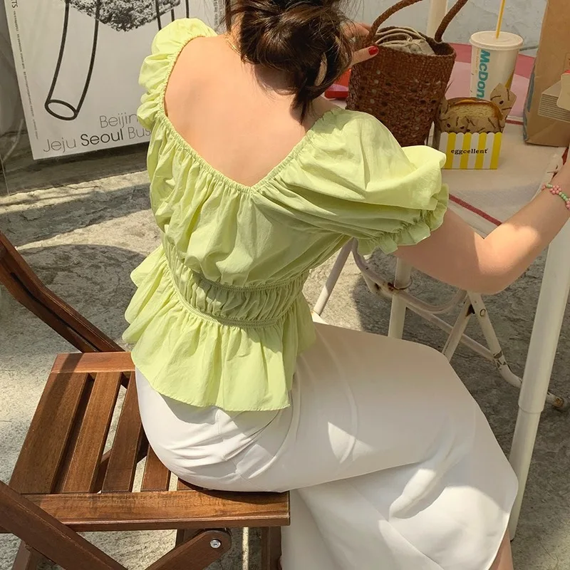 Gaganight женская блузка лето квадратный воротник голая спина тонкая с коротким