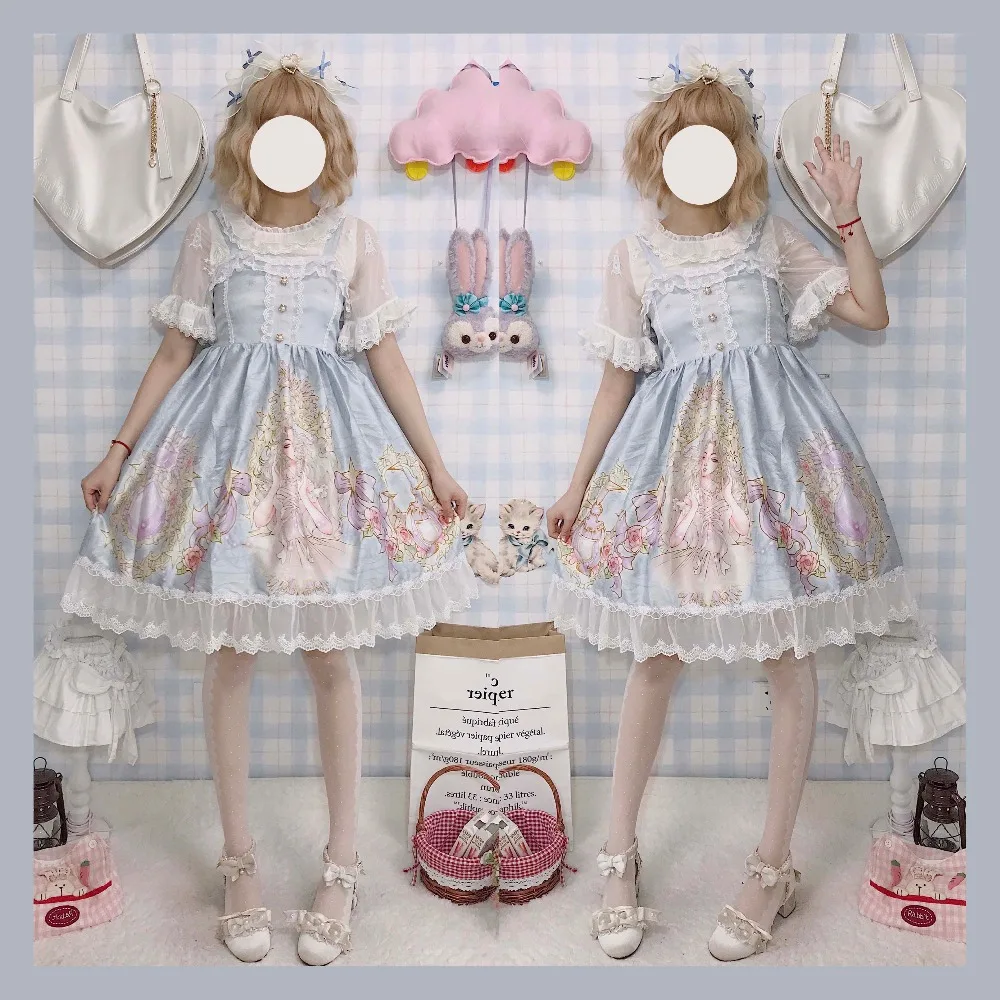 Kawaii/платье в японском стиле «Лолита»; мягкое милое красивое платье на бретелях для девочек; Сетчатое летнее платье