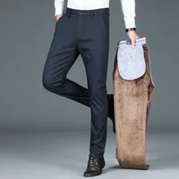 autumn and winter brand fleece thick and warm fit straight stretch pants business casual mens slim trousers