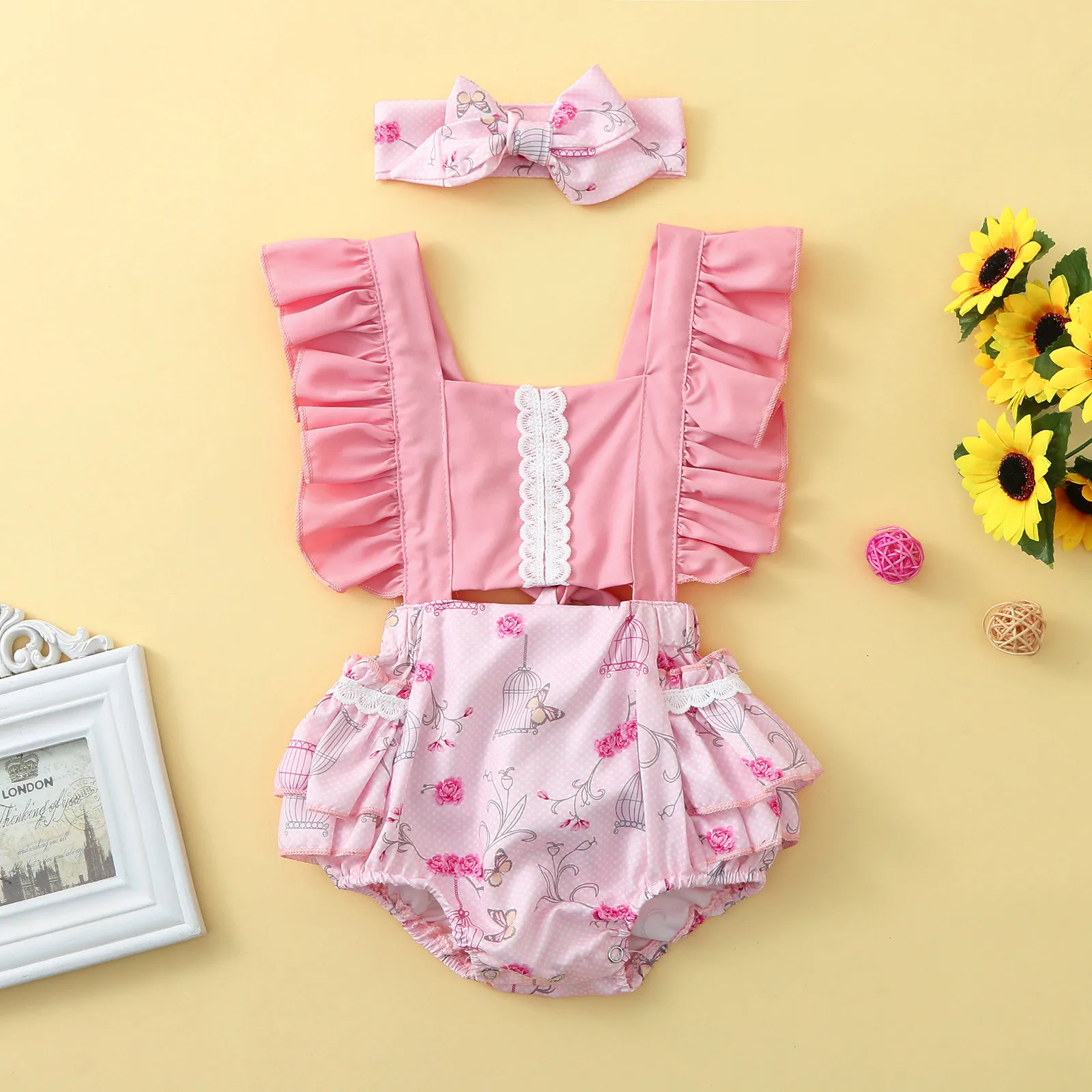 

Одежда для новорожденных; Для маленьких девочек с кружевными вставками и Цветочный принт комбинезон Hendbands из 2 предметов, летняя одежда для ...