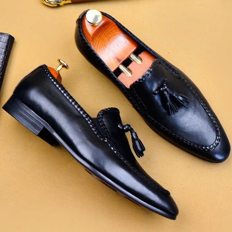 Slip On Men Brogues Formal Shoes Tassel Loafers Male Genuine Leather Black Luxury Brand Flat Comfortable Dress | Обувь