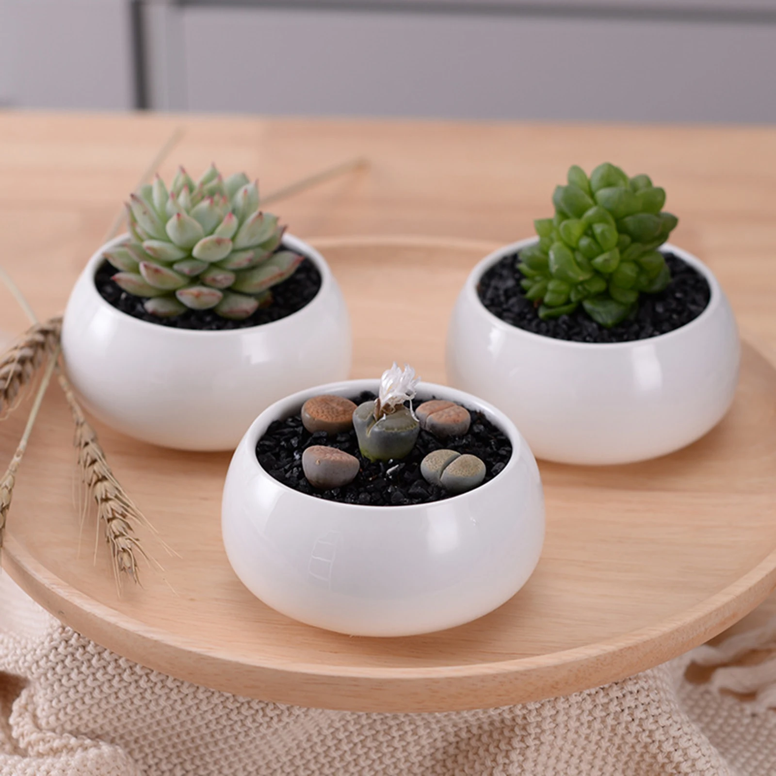 

1 Set Ceramics Flowerpot Succulent Plant Pot 3 Bonsai Planters With 3-Tier Bamboo Shelf Home Garden Decor