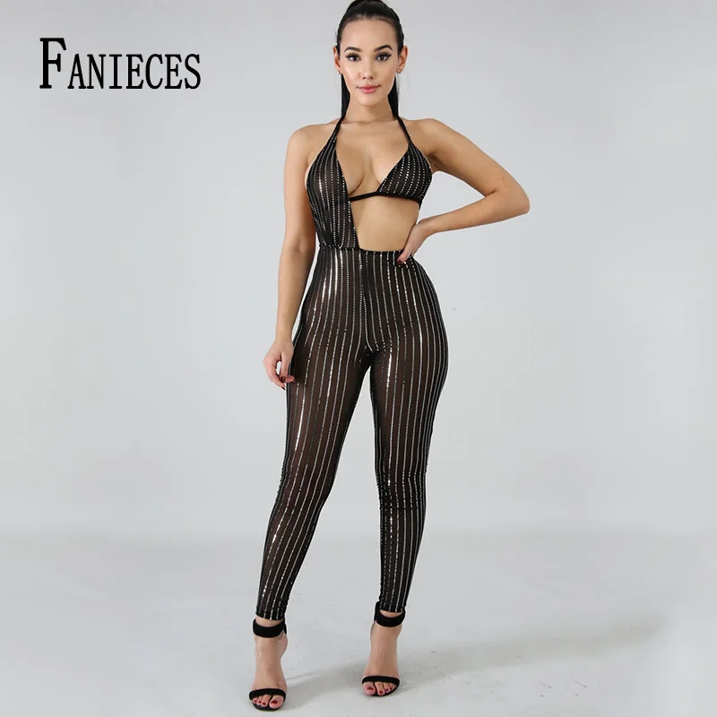 Прозрачный черный комбинезон с блестками женские облегающие комбинезоны без