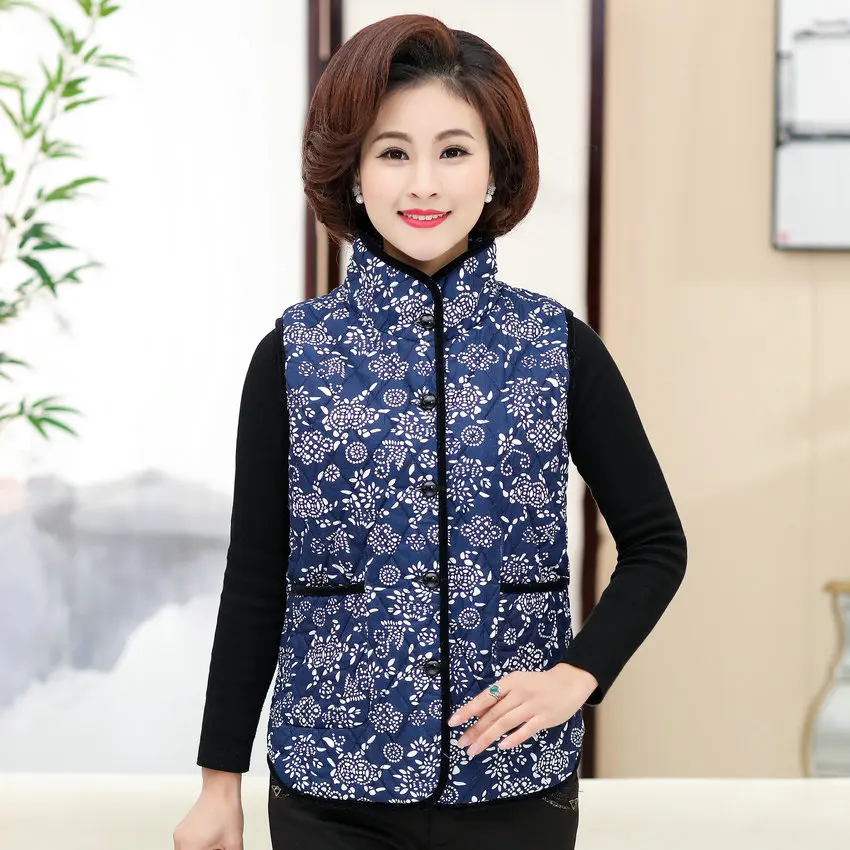 

Oriental Flower Quilted Vest Women Mandarin Collar Warm Lightweight Padded Waistcoat Mother Red Blue Wadded Sleeveless Jacket