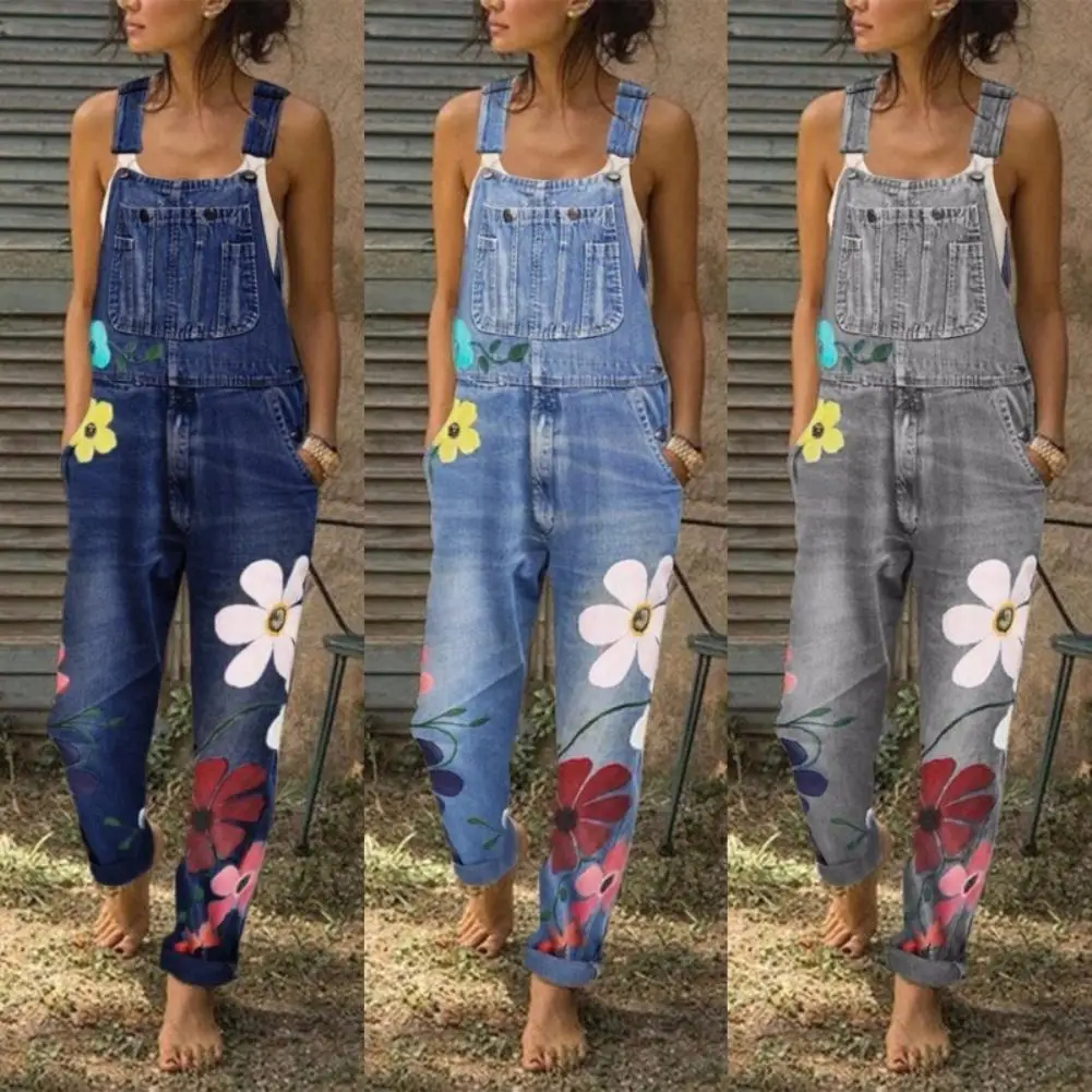 

S-5XL Overalls For Women Fashion Floral Print Pockets Washable Denim Overall Jumpsuit Suspender Trousers Pants Casual Overall