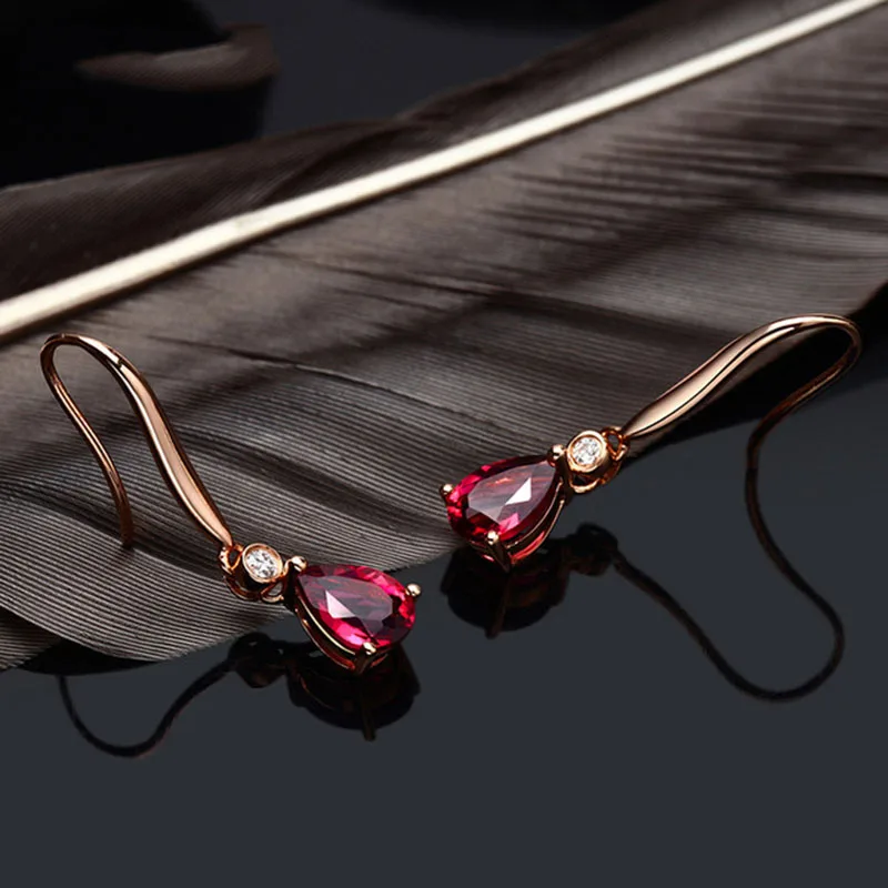 

BLACK ANGEL 18K Rose Gold Red Tourmaline Water Drop Shaped Gemstone Drop Earrings for Women Fashion 925 Silver Jewelry Wholesale