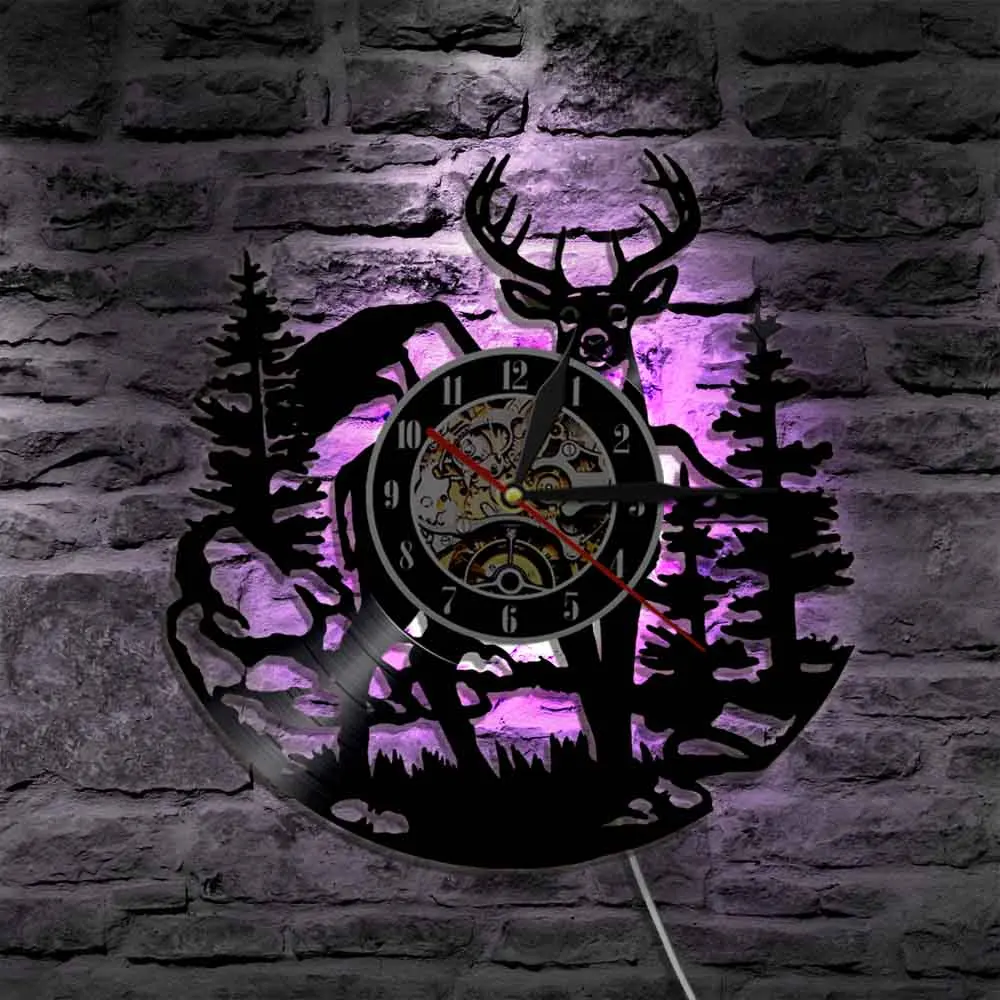 С принтом в виде березовых деревьев Лесной Олень Wall Art светодиодный часы леса Buck