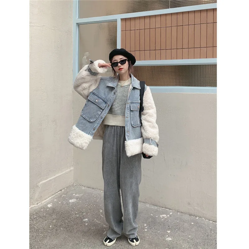 

Jane Deiune New Autumn Winter Women Vintage Patchwork Denim Lamb Wool Coat Loose Thicken Jacket Fashion Outwear