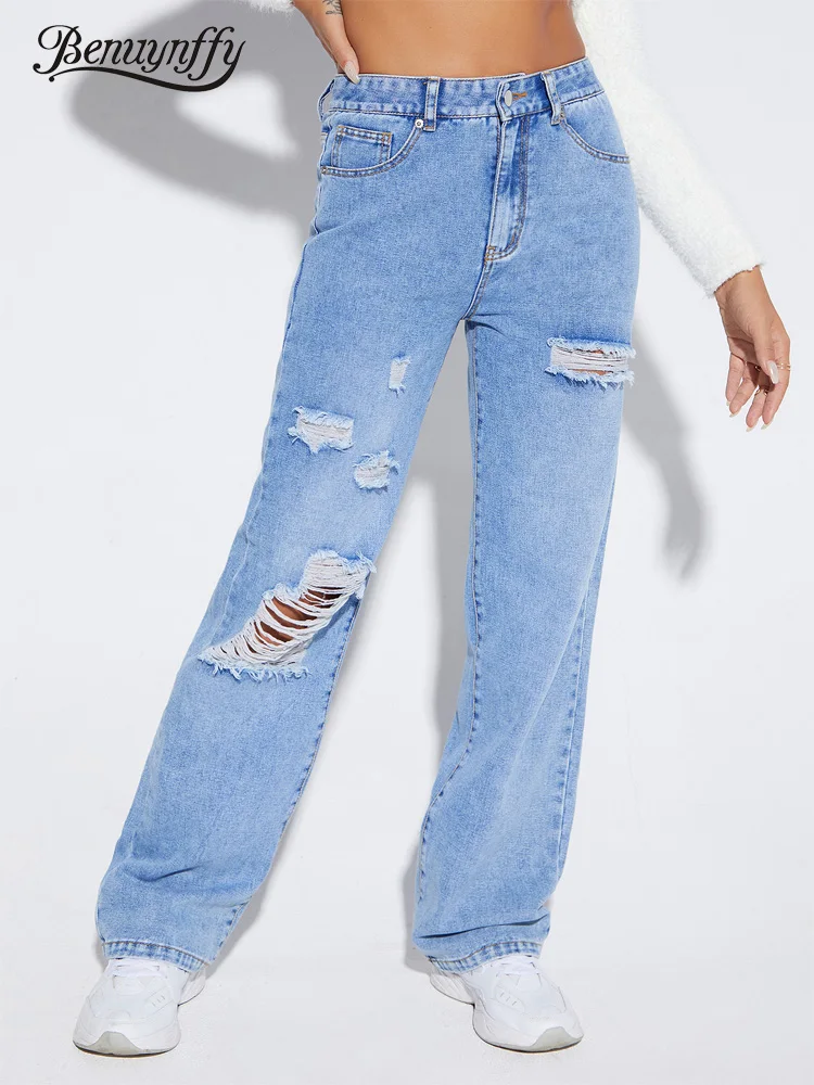 

Benuynffy Spring Fall Fashion Loose Ripped Jeans Women Casual Streetwear Mom Jeans High Waist Full Length Straight Denim Pants