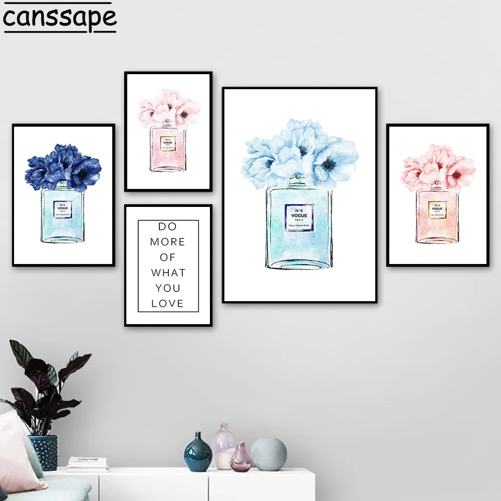 Vogue флакон духов настенное искусство акварельный цветок холст картина постер для