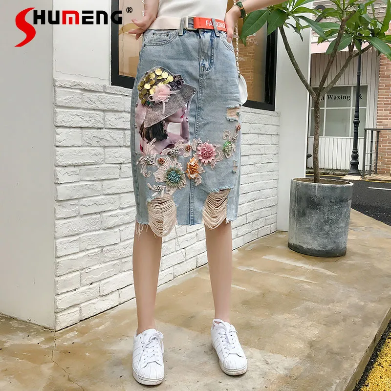 

High Fashion 2021 Summer Y2K High Waist 3D Flower Beaded Ripped Denim Skirts Harajuku Women Long Mid Jean Skirt for Women Street