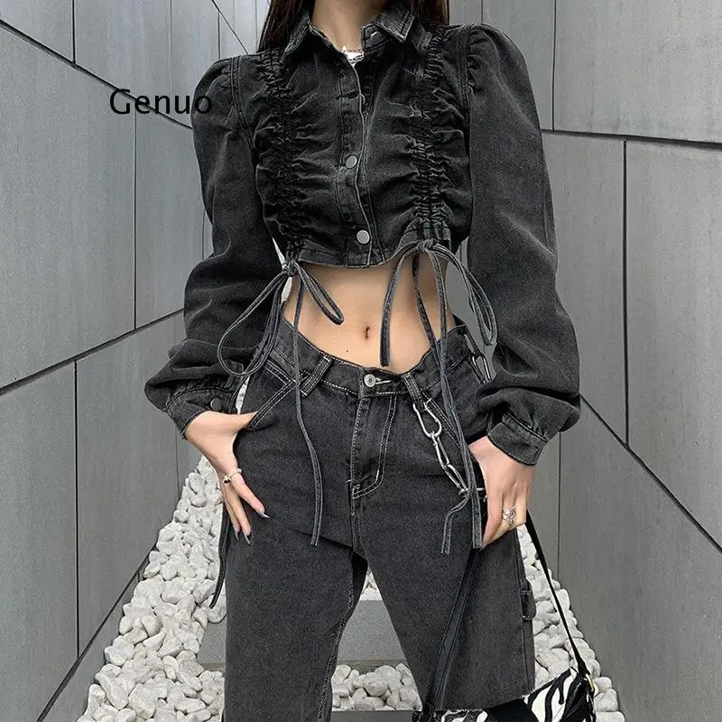 Женская джинсовая куртка на пуговицах плиссированная в уличном стиле завязках