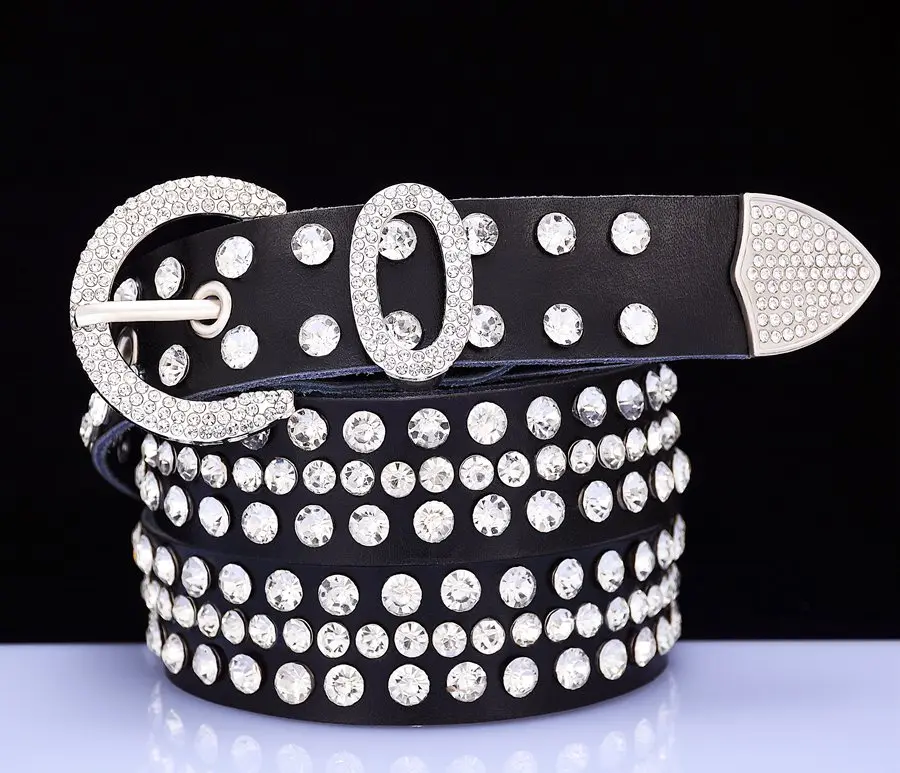 Fashion genuine leather rhinestone belts for women Luxury shining silver ring Pin Buckle belt female jeans strap width 2.8 cm