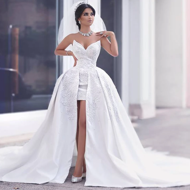 

Fashionable 2019 High Low Short Lace Wedding Dress Sexy V Neck Beading Detachable Train Wedding Gowns Custom Two Pieces