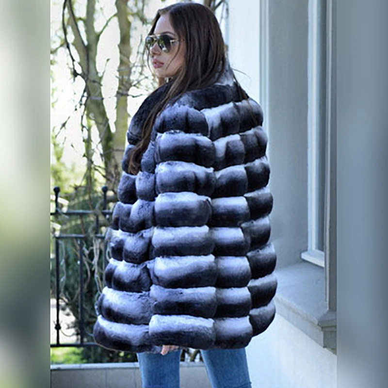 Women Medium Length Real Fur Coats For Women Winter Luxury Warm 2022 New Chinchilla Color Genuine Rex Rabbit Fur Coat Outwear