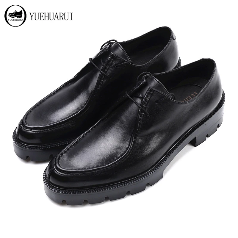 Мужские повседневные деловые туфли бычья кожа на шнуровке толстая подошва