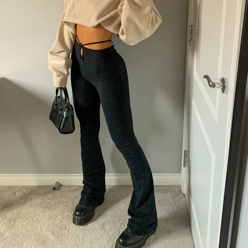 

Female Fashion Stylish Long Trousers Cut Out Hollow High Waist Slimming Pants Women Casual Street Black Bottoms Clothing S M L