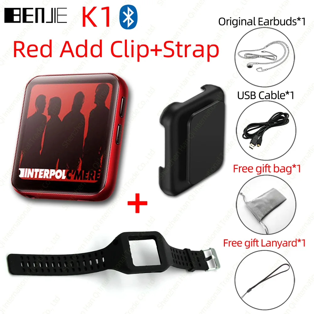 Red with Strap BENJIE K1 полный сенсорный экран Bluetooth MP3 плеер с fm-радио, рекордер, электронная книга портативный аудио 8 Гб 16 Гб мини клип музыкальный плеер - Цвет: Red with Strap