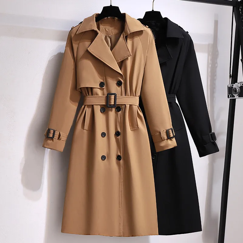 

Женский двубортный Тренч с поясом, элегантный однотонный Тренч с отложным воротником в винтажном стиле, Осень-зима