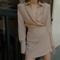 2021 women turn down collar sexy mini dress autumn solid long sleeve bodycon dress female high waist slim casual party dresses