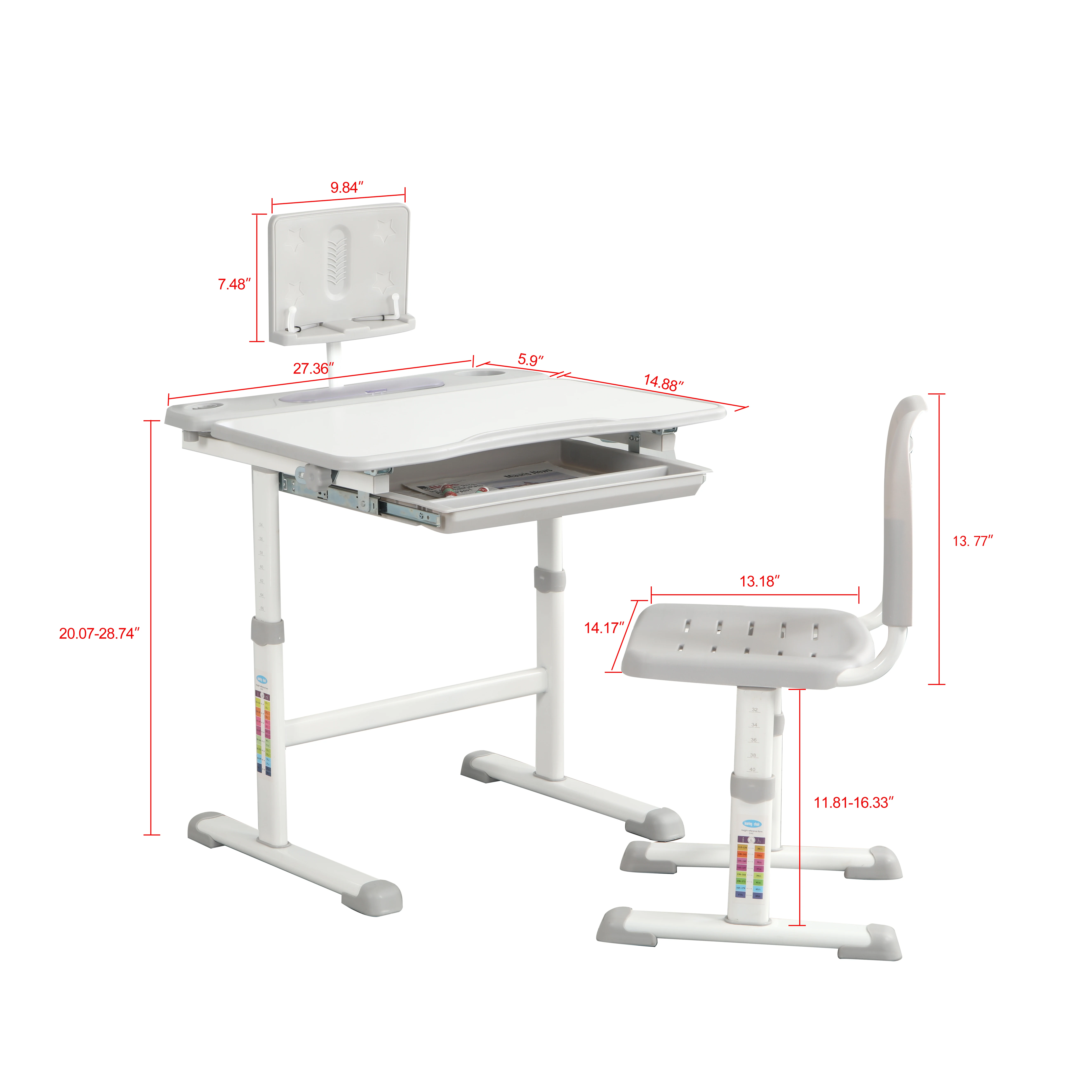 

Adjustable Kids Study Table & Chair Set with Tilt Desktop/Reading Board/Pull-Out Drawerï¼ˆWHITE)