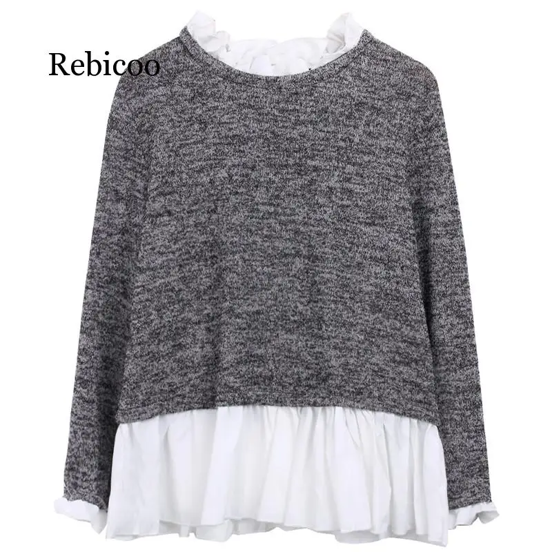 

New fashion women's patchwork casual long-sleeved loose ruffled knit sweater sweater shirt pullover