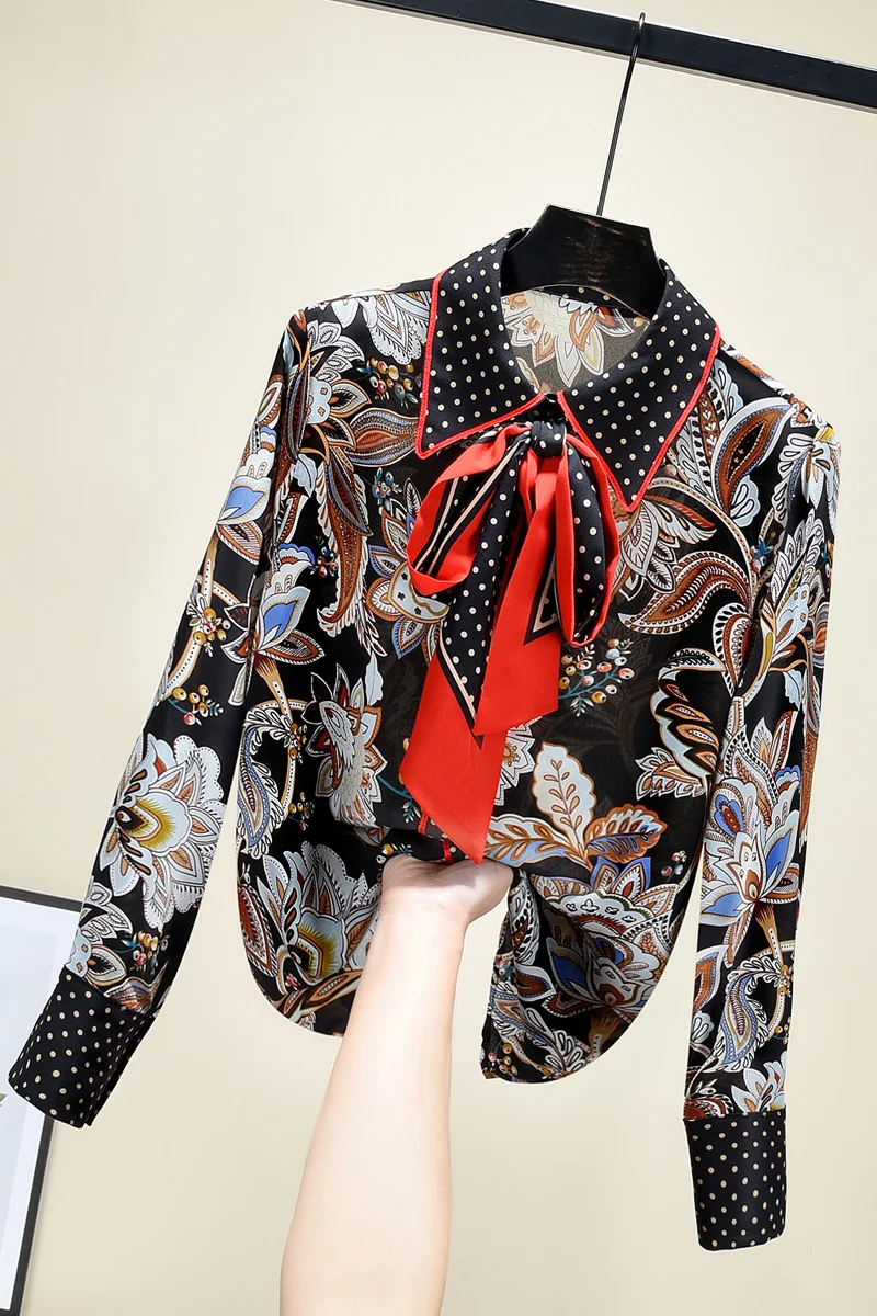 

Elegant Women's Shirt 2021 Spring New Long Sleeve Bow Tie Turn Down Collar Flower Print Blouse Lady Blusas Mujer Nancylim