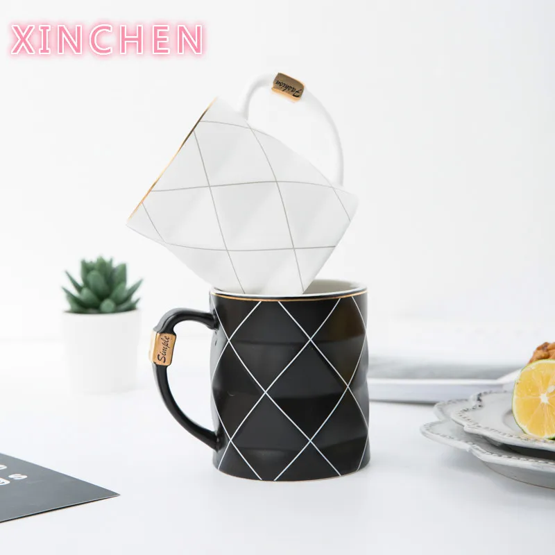 

XINCHEN Nordic Golden Black and White Grid Geometry Ceramic Coffee Mug Porcelain Juice Drinking Cup Coffee Milk Tea Cup