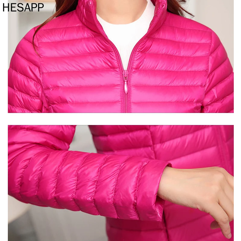 

Hesapp new autumn/winter female white duck down jacket ultra-light ultra-thin zipper long warm feather down jacket for women