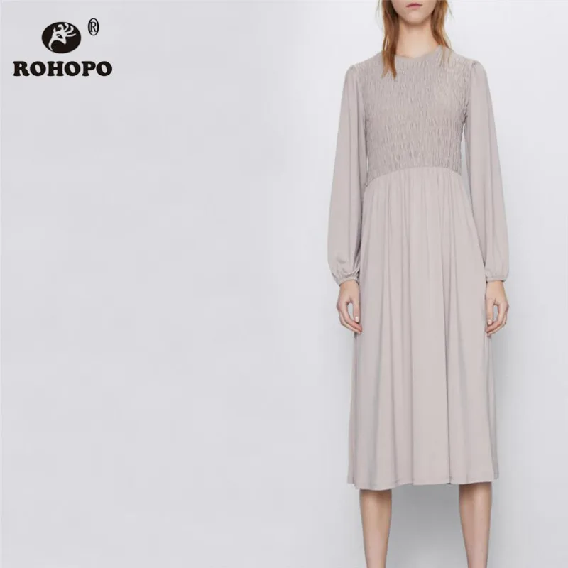 ROHOPO длинный рукав круглый воротник длина до колена платье топ эластичность
