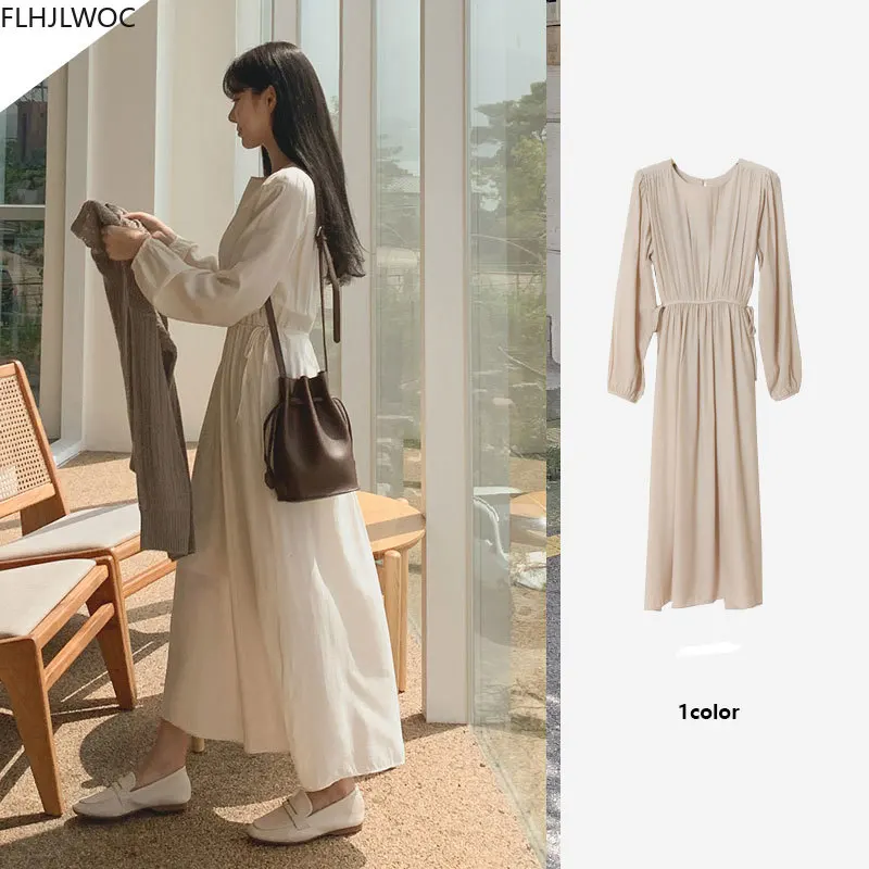 

Retro Vintage Long Dress Long Sleeve O Neck Solid Cute Korea Japan Style Design Women Dresses