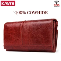 kavis genuine leather women long purse female clutches money wallets handbag handy passport walet for cell phone card holder