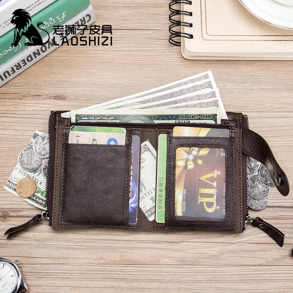 LAOSHIZI мужской кошелек брендовый с двойной молнией и застежкой из натуральной кожи