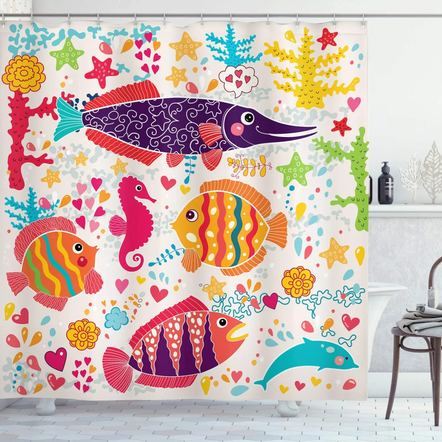 

Sea Animals Cartoon Art with Fish Seahorse Starfish Dolphin Coral Underwater Life Kids, Cloth Fabric Bathroom Decor