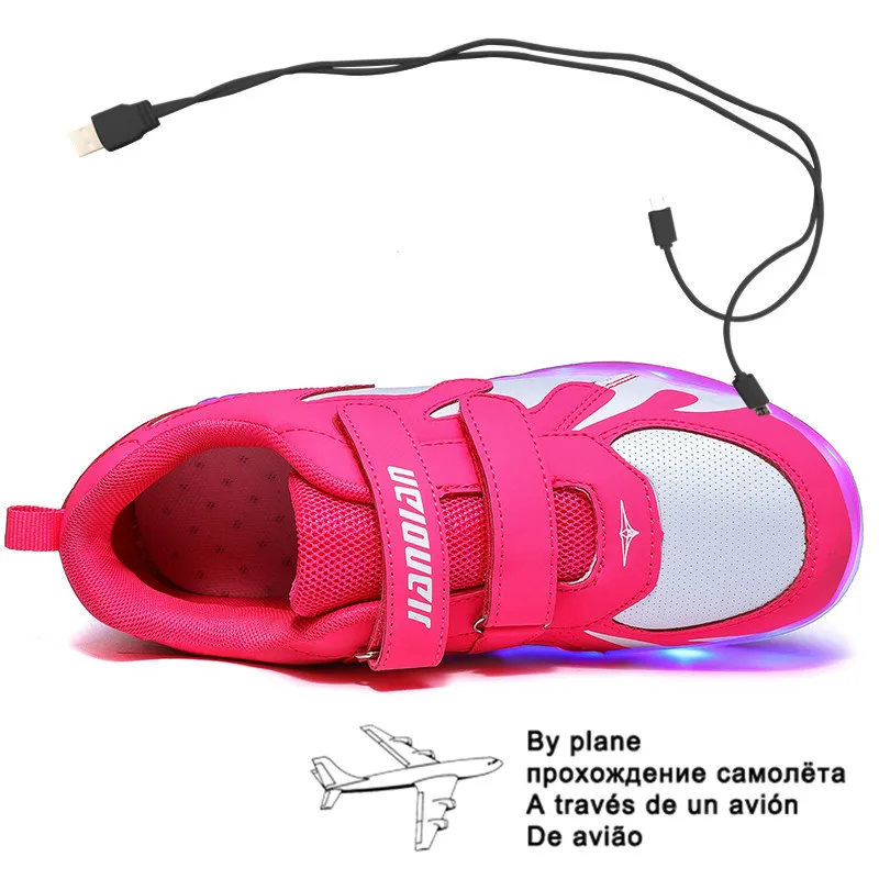 

Children Boys Luminous Glowing White Sneakers with Double Two Wheels Roller Skate Shoes Adult Kids USB Charging Shoes Pink Girls