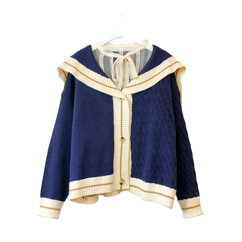 

Navy Collar Sweater Knitted Jacket Women Sweet Cute Long-sleeved Soft Girl Kawaii Pullover Jacket 2021 Autumn Winter New