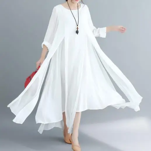 Хлопок и лен Винтаж женское платье Vestidos платье трапециевидной формы летние нерегулярные, белые, большие размеры элегантное платье DJ353