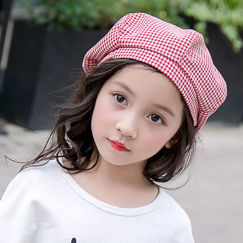 Берет детский летний хлопковый черно-розовый в клетку | Аксессуары для одежды