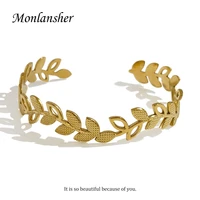 monlansher classy geometric hollow leaves branch cuff bangle gold color titanium steel bangle trendy fashion bangles jewelry