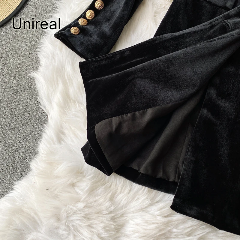 

Unireal 2021 Autumn Women Velvet Party Dress Long Sleeve Office Lady Suit Dress Vintage Double Breasted Black Blazer Dress