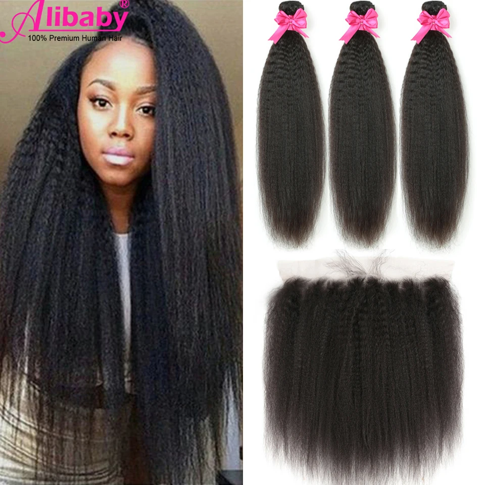 

Brazilian Hair Weave Bundles With Frontal Kinky Straight Hair Yaki Human Hair Bundles With Frontal 30 Inch Bundles With Closure