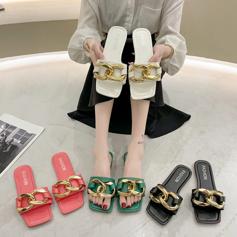 

Low Shoes Slippers Casual Square Toe Slipers Women Slides Shale Female Beach Rivet Luxury Flat 2021 Summer Sabot Rubber Basic PU