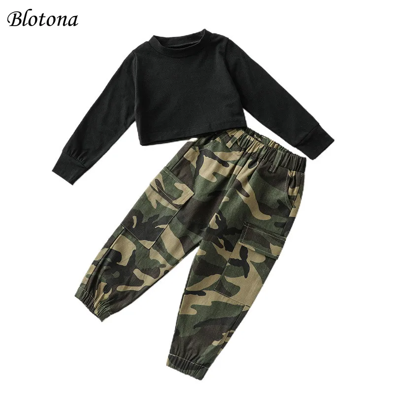 

Blotona Baby Girls Long Sleeve Sweatshirt + Trousers, Solid Color Pullover Tops+ Camouflage Print Pants for Spring Fall 1-6Years