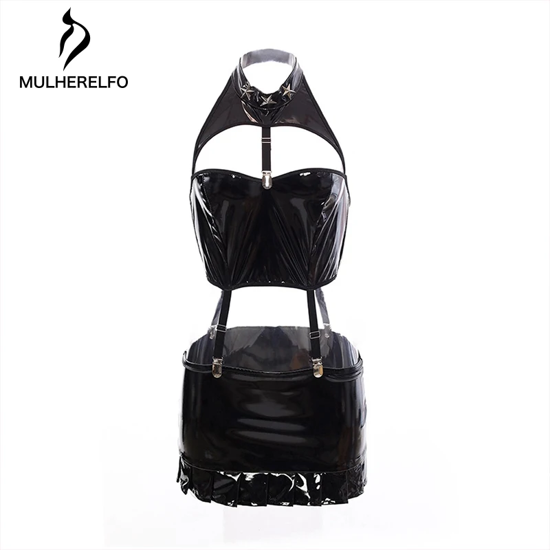 

Cosplay Women Costume Sexy Police Uniform Set Patent Leather Halter Crop Top Ruffled High Waist Skirt Gloves Hat Whip Exotic Set