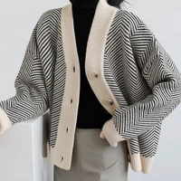 2021 autumn and winter new korean retro knitted cardigan womens striped loose coat sweater cardigans women vintage
