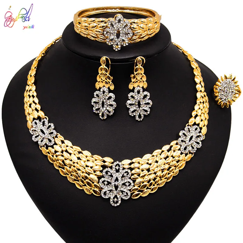 

Yulaili The Latest Gold Hollow Flower Design and Bridal Fashion Wedding Banquet Earrings Rings Bracelets Necklaces Jewelry Sets