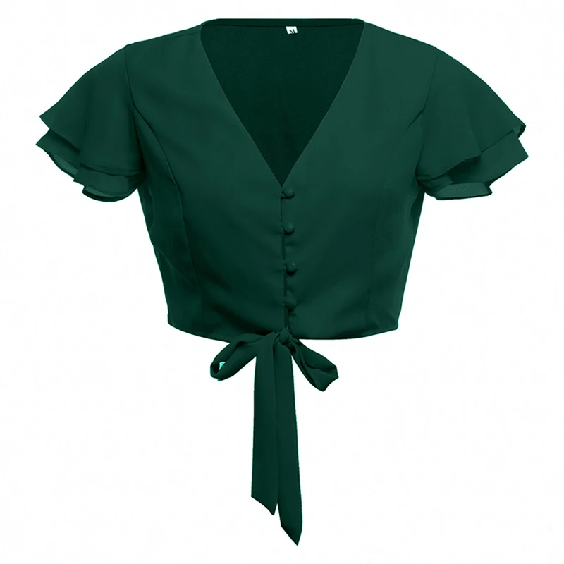 

Summer Style Women Ruffle Sleeve V-Neck Slim Fitted Shirts Casual Office Lady Pure Color Blouse Tops Tees