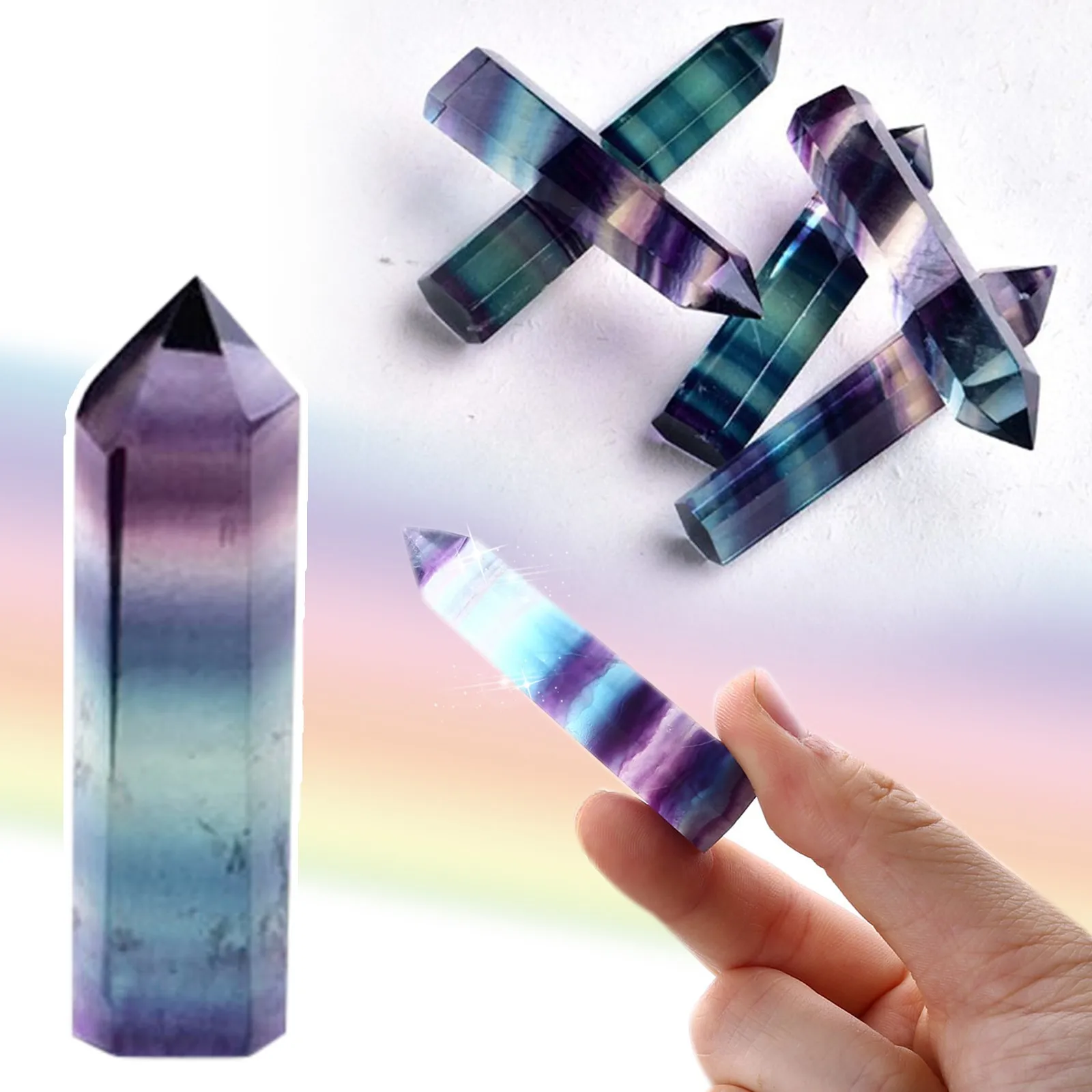 

Natural Colorful Fluorite Quartz Crystal Healing Colorful Crystal Hexagonal Bar hexagonal crystal column Home decoration